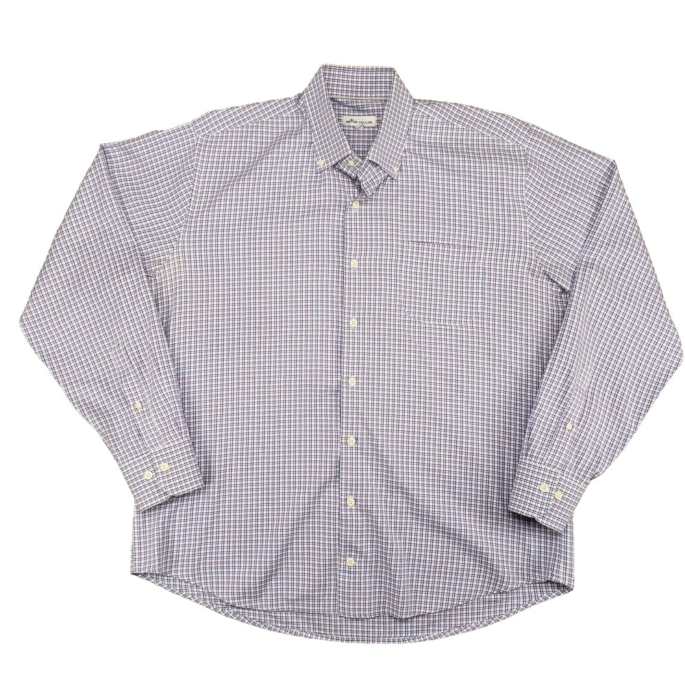 Peter Millar Crown Finish Check Dress Shirt Mens L Purple Blue Cotton Silk Blend